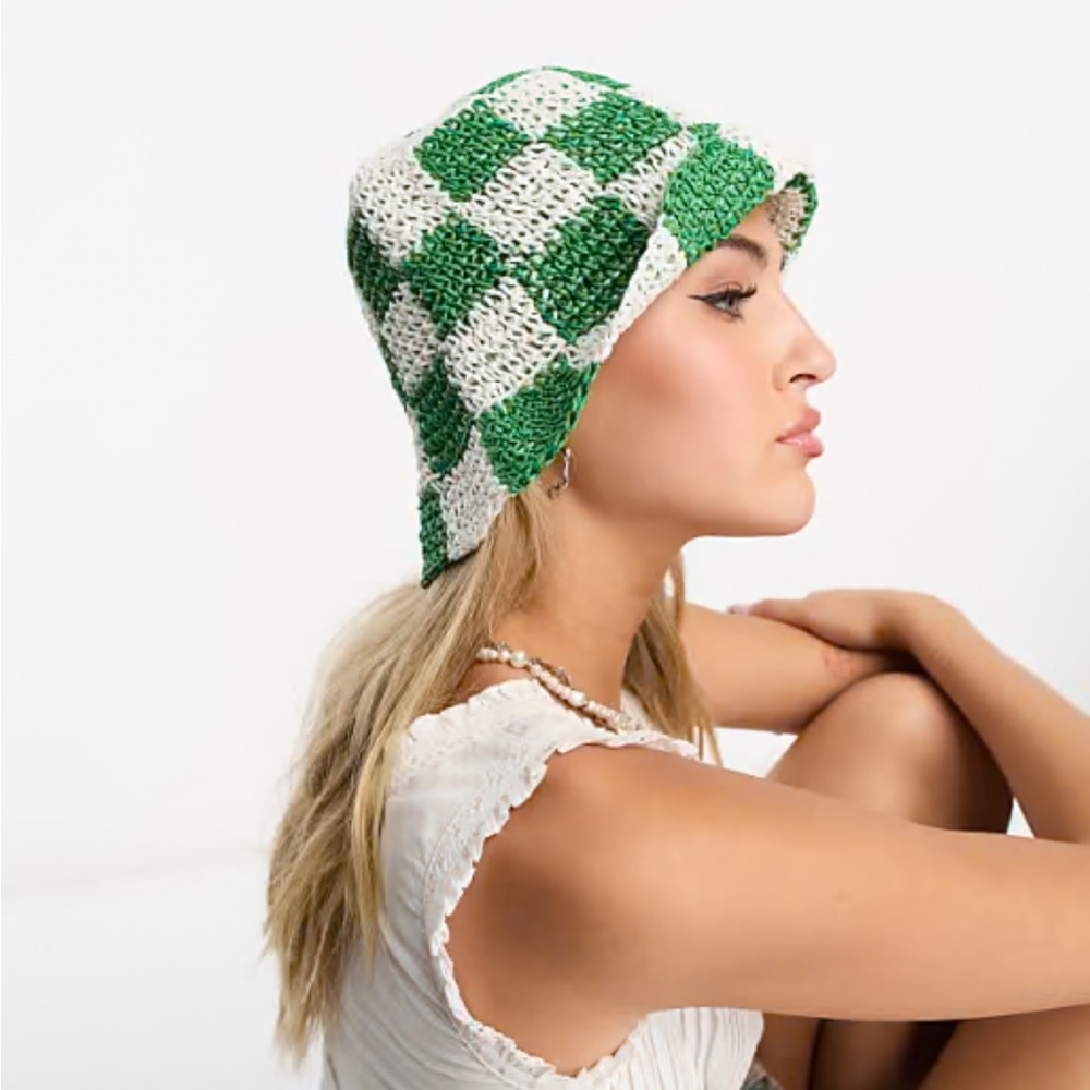 anthropologie wyeth Green and White Checkered bucket Hat